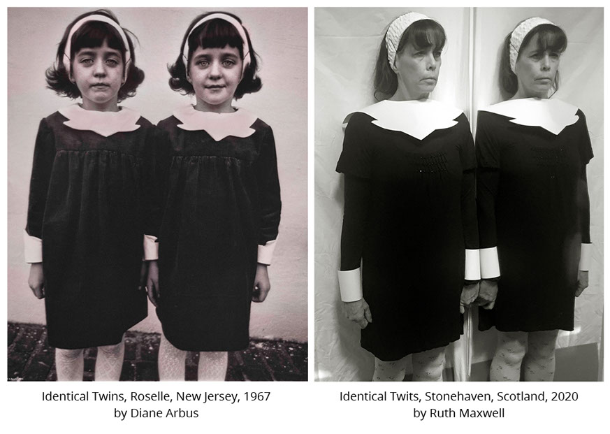 Identical Twins, Roselle, New JErsey, 1967 by Diane Arbus. Identical Twits, Stonehaven, Scotland, 2020 by Ruth Maxwell