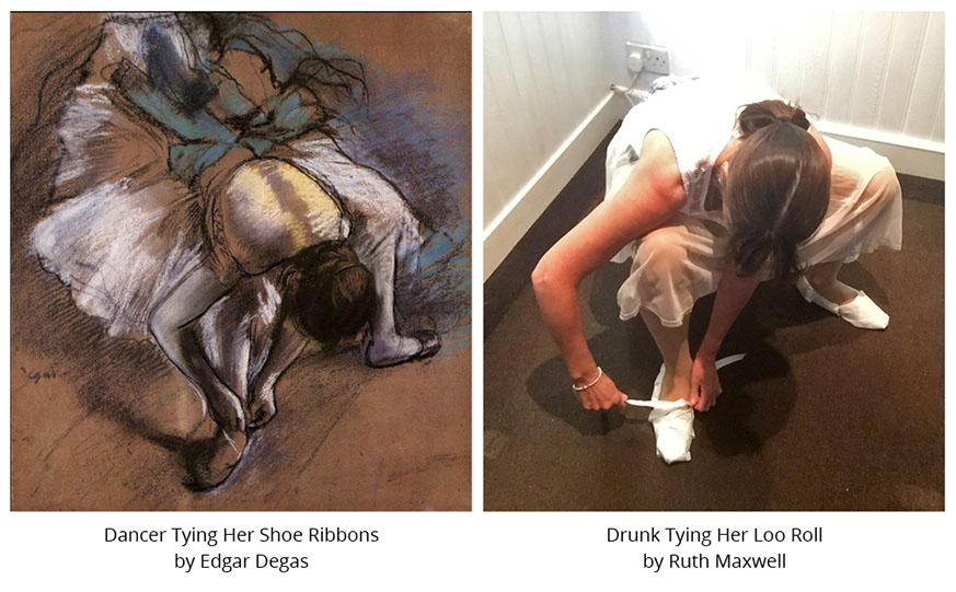 Dancer Tying Her Shoe Ribbons by Edgar Degas Drunk Tying Her Loo Roll by Ruth Maxwell #all4won #abdnartmuseums #gettymuseumchallenge